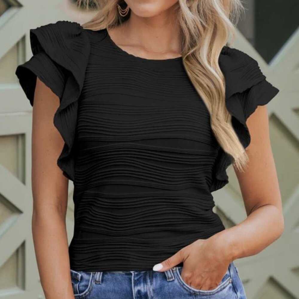 NWOT Black Wavy Textured Ruffle Sleeve Top Round Neck 2XL